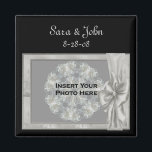 Elegant Silver Frame Wedding Favour Photo  Magnet<br><div class="desc">Elegant silver frame with a bow save the date wedding announcement favour refrigerator magnet. Ready for your special photo. Replace your information in the template. Make more changes to text and font size, style, and colour. Add your photo by clicking on Change and upload your picture. Click on Customize to...</div>