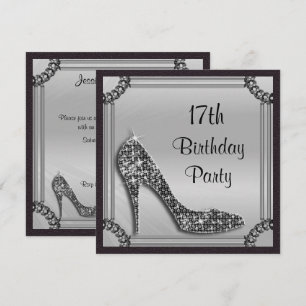 Elegant Silver Framed Black Stiletto 17th Birthday Invitation