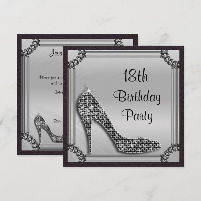 Elegant Silver Framed Black Stiletto 18th Birthday Invitation (Front/Back)