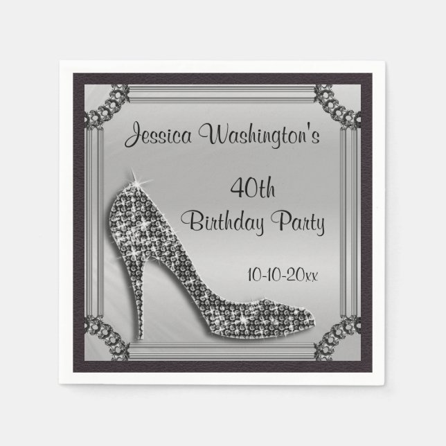 Elegant Silver Framed Black Stiletto 40th Birthday Napkin (Front)