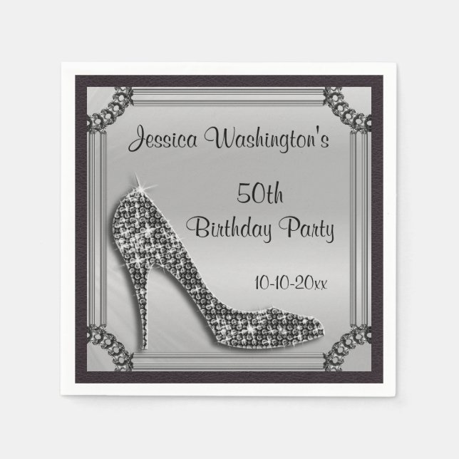 Elegant Silver Framed Black Stiletto 50th Birthday Napkin (Front)
