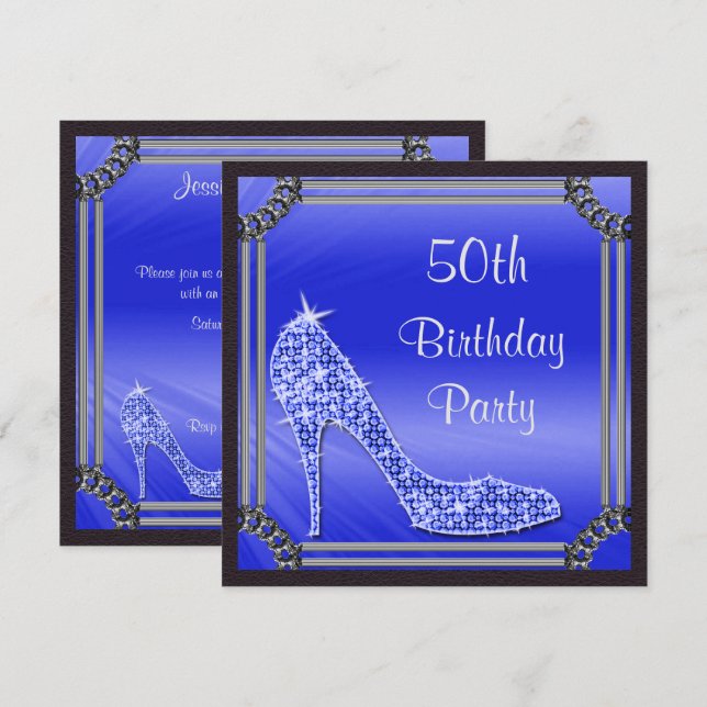 Elegant Silver Framed Blue Stiletto 50th Birthday Invitation (Front/Back)