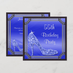 Elegant Silver Framed Blue Stiletto 55th Birthday Invitation