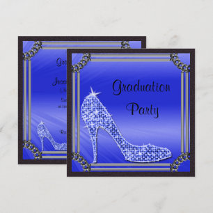 Elegant Silver Framed Blue Stiletto Graduation Invitation