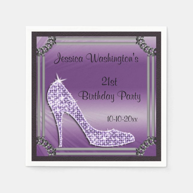 Elegant Silver Framed Lilac Stiletto 21st Birthday Napkin (Front)