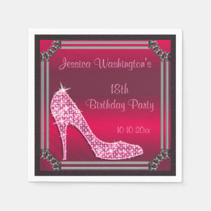 Elegant Silver Framed Pink Stiletto 18th Birthday Napkin