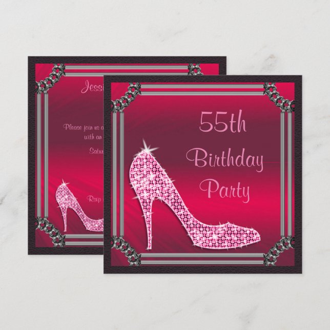 Elegant Silver Framed Pink Stiletto 55th Birthday Invitation (Front/Back)