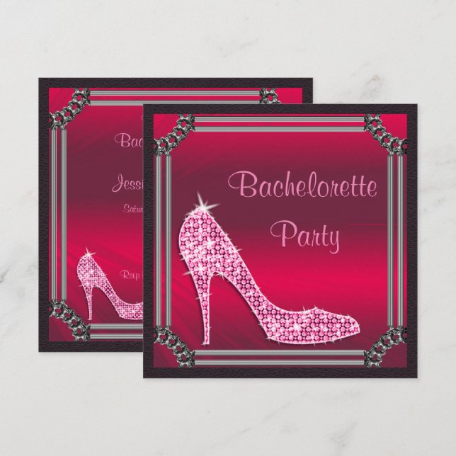 Elegant Silver Framed Pink Stiletto Bachrlorette Invitation (Front/Back)