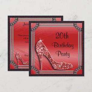 Elegant Silver Framed Red Stiletto 20th Birthday Invitation