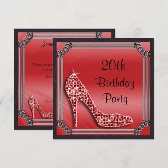Elegant Silver Framed Red Stiletto 20th Birthday Invitation (Front/Back)