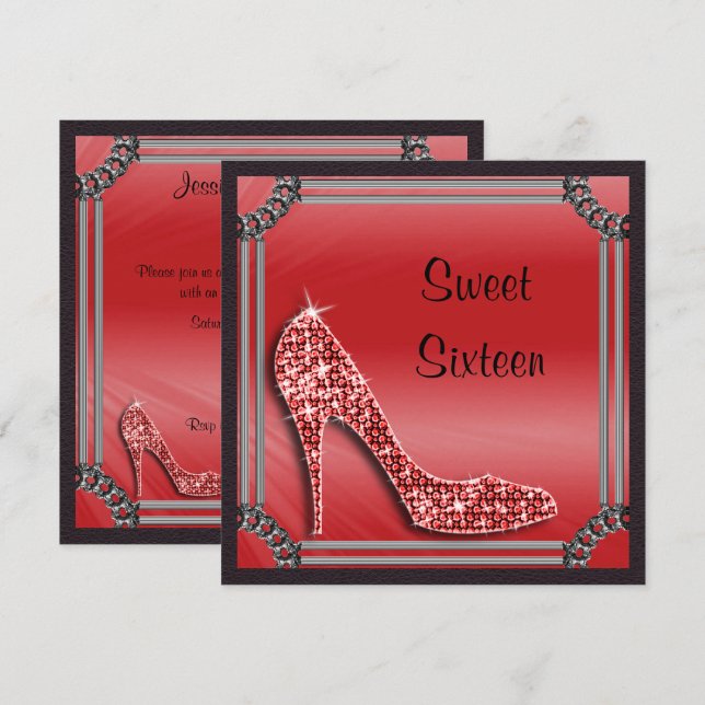 Elegant Silver Framed Red Stiletto Sweet 16 Invitation (Front/Back)