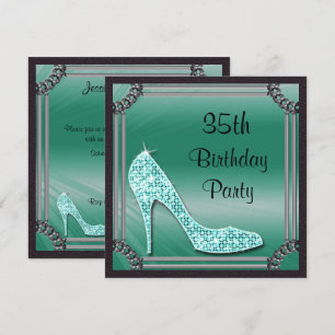 Elegant Silver Framed Teal Stiletto 35th Birthday Invitation