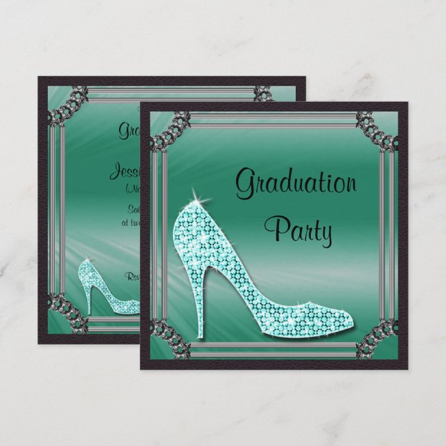 Elegant Silver Framed Teal Stiletto Graduation Invitation (Front/Back)