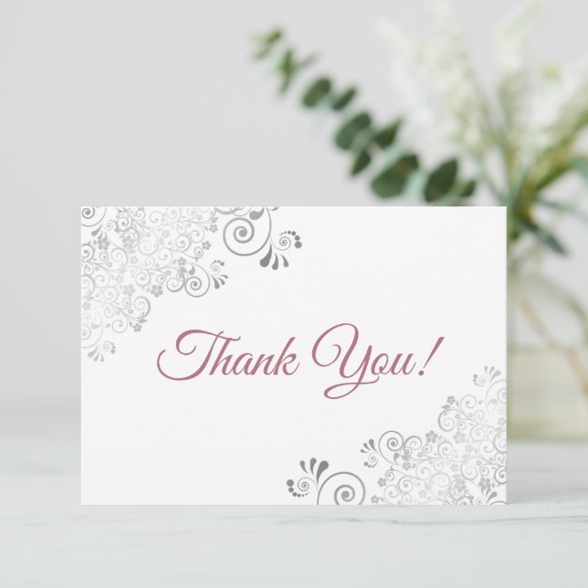 Elegant Silver Frills Dusty Rose on White Wedding Thank You Card (Standing Front)