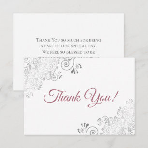 Elegant Silver Frills Dusty Rose on White Wedding Thank You Card