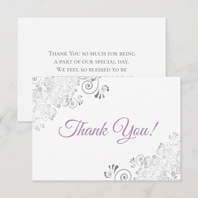 Elegant Silver Frills Lavender on White Wedding Thank You Card (Front/Back)
