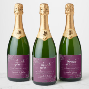 Elegant Silver Frills on Cassis Wedding Thank You Sparkling Wine Label