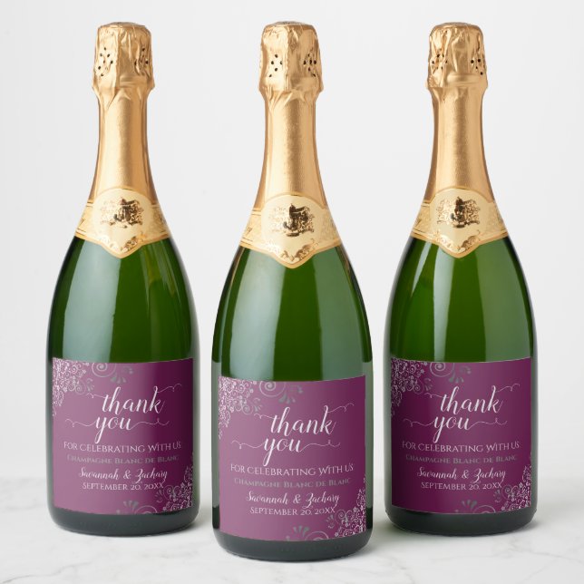 Elegant Silver Frills on Cassis Wedding Thank You Sparkling Wine Label (Bottles)