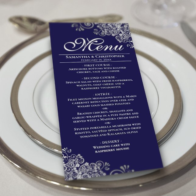 Elegant Silver Frills on Navy Blue Wedding Menu (On Plate)