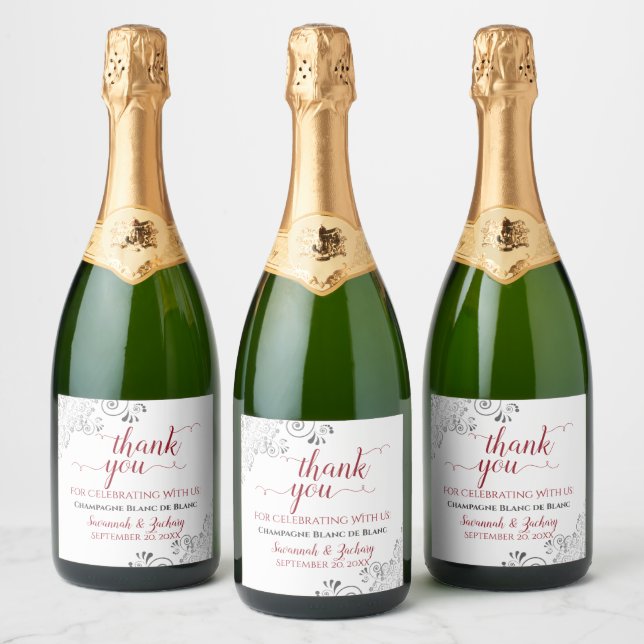 Elegant Silver Frills Red White Wedding Thank You Sparkling Wine Label (Bottles)