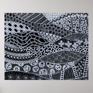 Elegant Silver Geometric Abstract Tribal Pattern Poster
