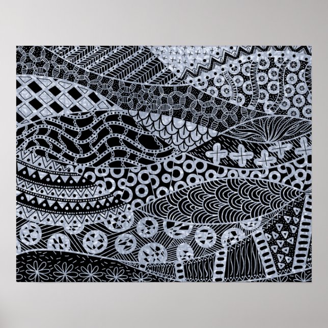 Elegant Silver Geometric Abstract Tribal Pattern Poster (Front)
