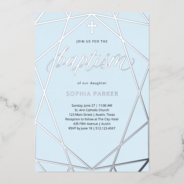 Elegant Silver Geometric on Light Blue | Baptism (Front)