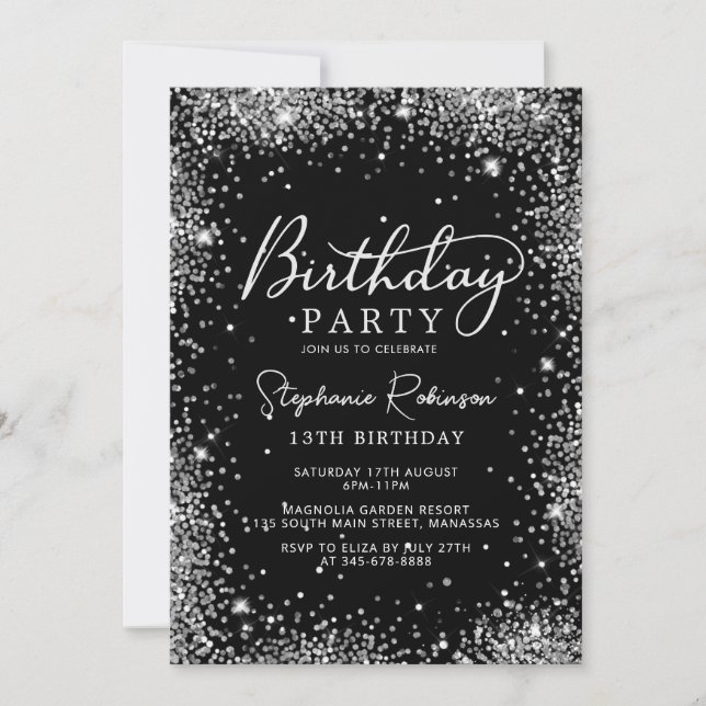 Elegant Silver Glitter and Black 13th Birthday Invitation (Front)