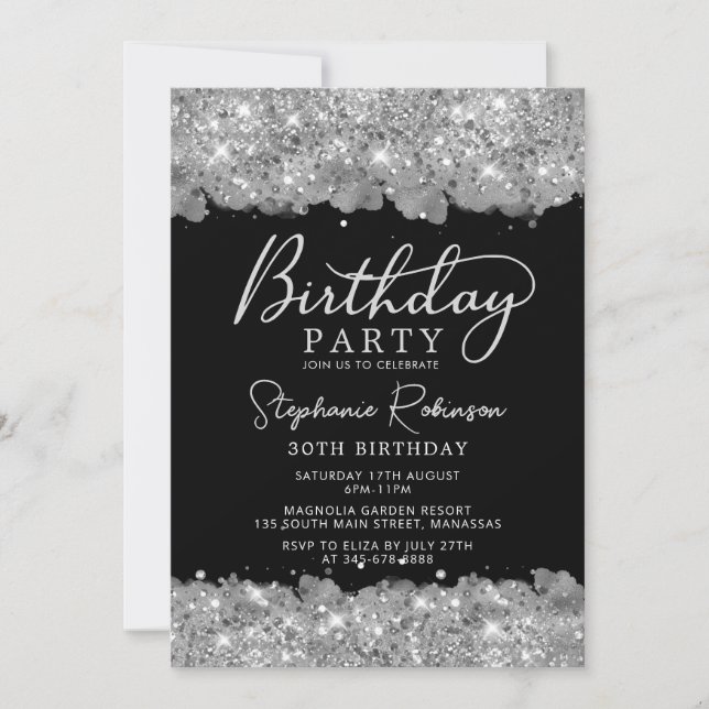 Elegant Silver Glitter and Black 30th Birthday Invitation (Front)