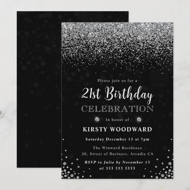 Elegant Silver Glitter and Diamonds 21st Birthday Invitation (Front/Back)
