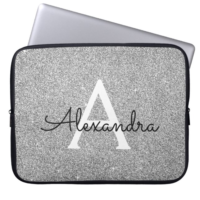 Elegant Silver Glitter and Sparkle Monogram Laptop Sleeve (Front)