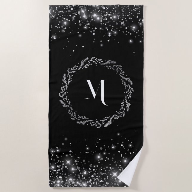 Elegant Silver Glitter Black Monogram Beach Towel (Front)