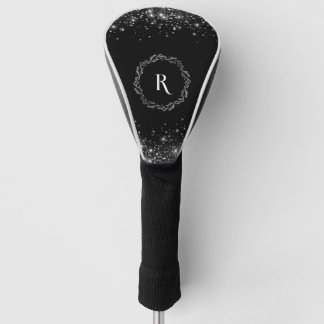 Elegant Silver Glitter Black Monogram Golf Head Cover
