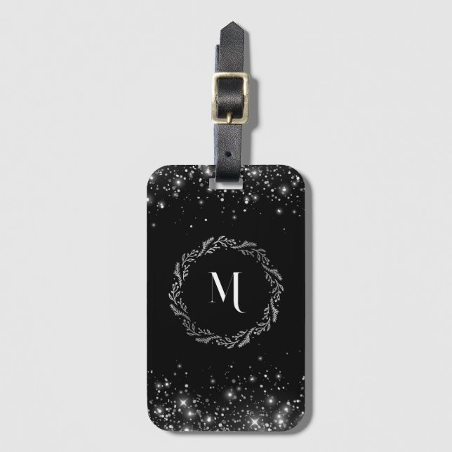 Elegant Silver Glitter Black Monogram Luggage Tag (Front Vertical)