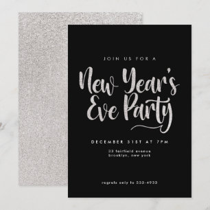 Elegant Silver Glitter Black New Years Eve Party Invitation
