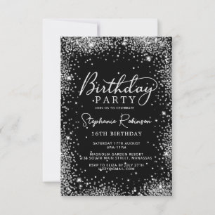 Elegant Silver Glitter Black Sweet 16 Birthday  Invitation