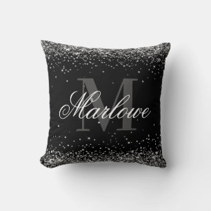 Elegant Silver Glitter Black White Monogram Throw Pillow