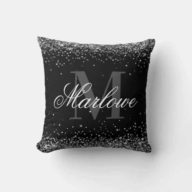Elegant Silver Glitter Black White Monogram Throw Pillow (Front)