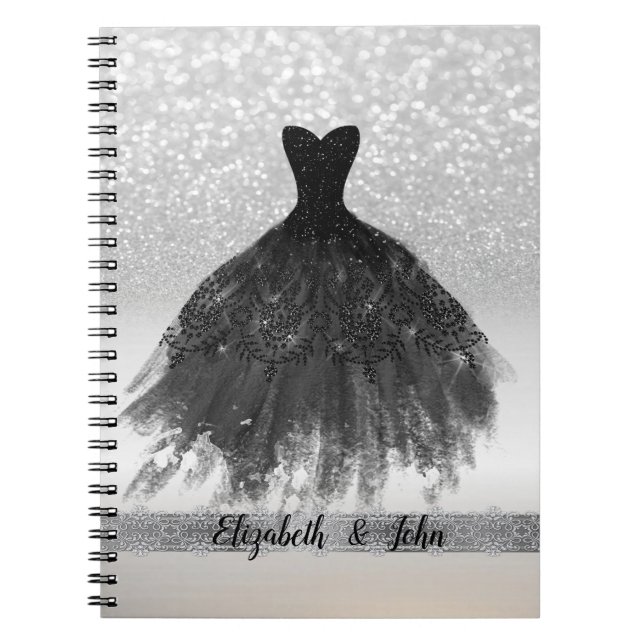 Elegant Silver Glitter Bokeh, Black Dress Notebook (Front)