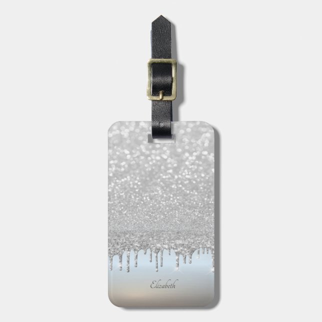 Elegant Silver Glitter Bokeh Drips Luggage Tag (Front Vertical)