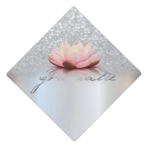 Elegant Silver Glitter Bokeh Lotus Graduate Graduation Cap Topper