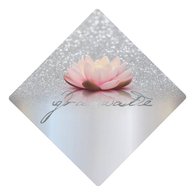 Elegant Silver Glitter Bokeh Lotus Graduate Graduation Cap Topper (Front)