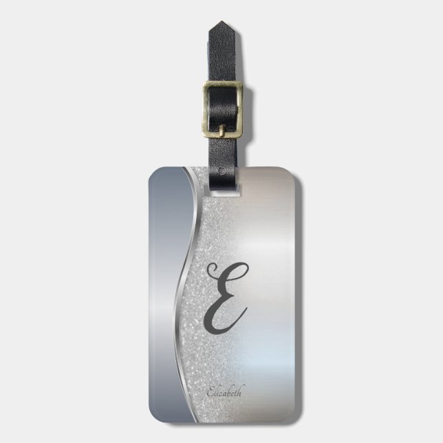 Elegant Silver Glitter Bokeh , Monogram Luggage Tag (Front Vertical)