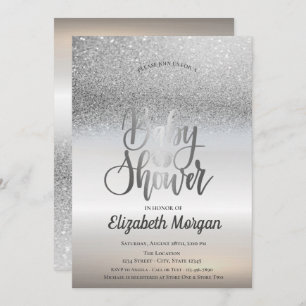 Elegant Silver Glitter Bokeh Ombre Baby Shower Invitation