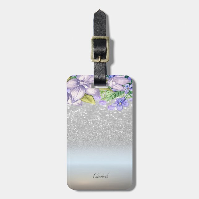 Elegant Silver Glitter Bokeh Ombre, Flowers Luggage Tag (Front Vertical)