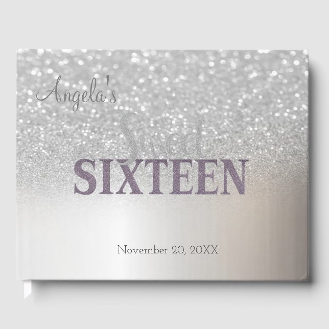 Elegant Silver Glitter Bokeh Ombre ,Sweet 16 Guest Book (Front)