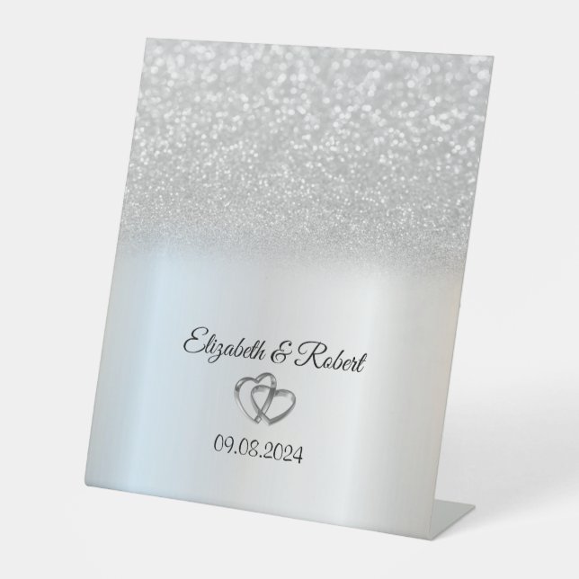 Elegant Silver Glitter Bokeh Pedestal Sign (Front)