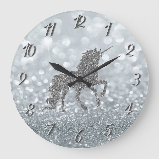 Elegant Silver Glitter Bokeh , Unicorn Large Clock (Front)