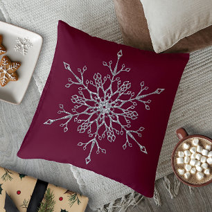 Elegant Silver Glitter Burgundy Snowflake Holiday Throw Pillow