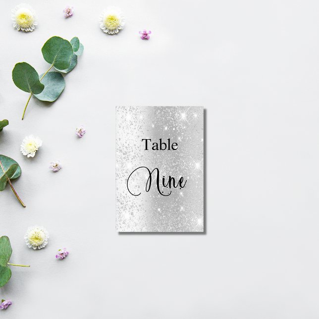 Elegant silver glitter calligraphy table nine 9 table number (Creator Uploaded)